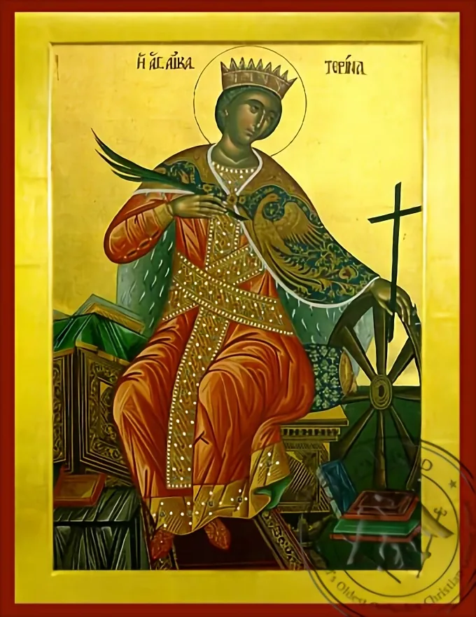წმინდა დიდმოწამე ეკატერინე, ალექსანდრიელი, ტახტზე მჯდომი, ბიზანტიური ხატი