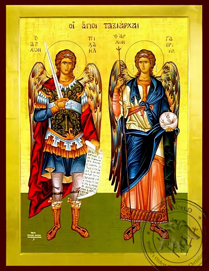 წმინდა მთავარანგელოზთა მიქაელისა და გაბრიელის კრება, სრული ტანით, ბიზანტიური ხატი