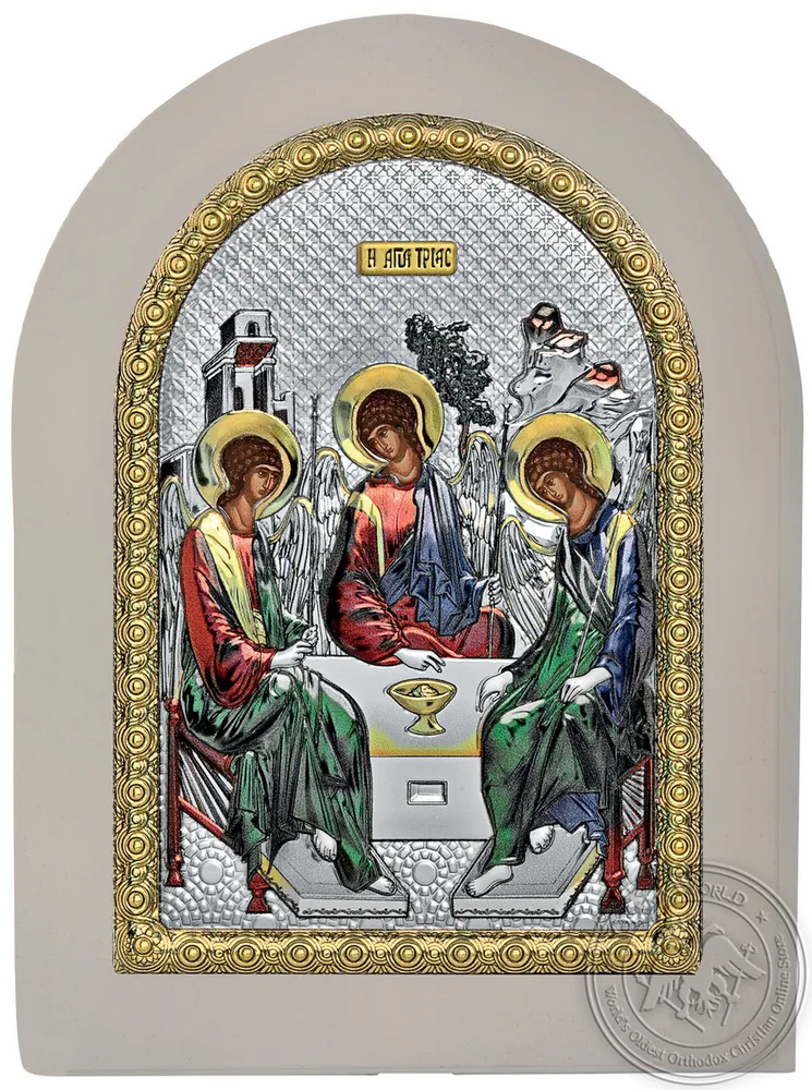 Holy Trinity - Silver Colored Icon in White Wood