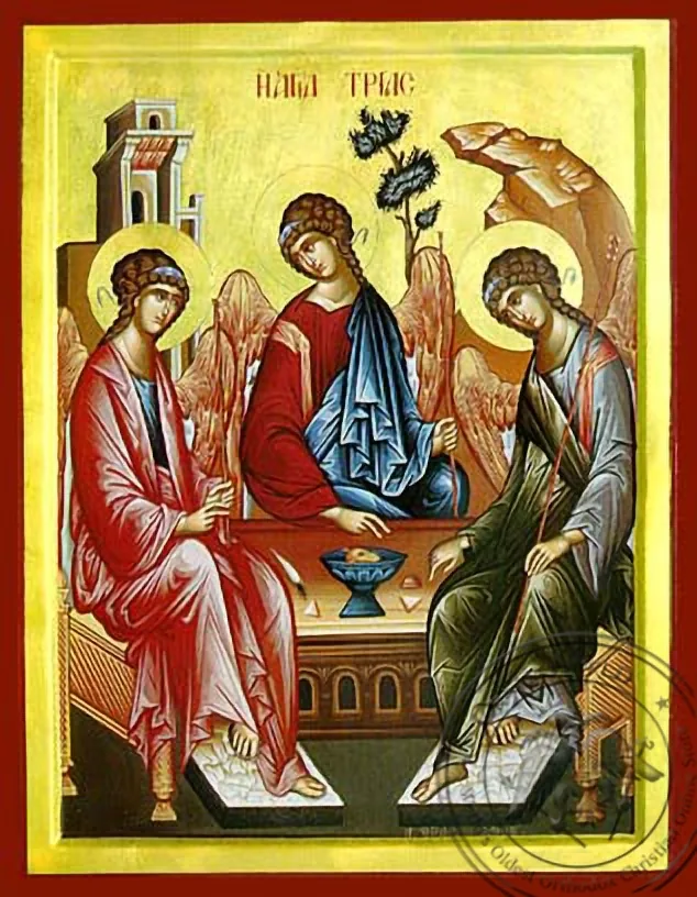 Святая Троица (три ангелы, Гостеприимство Авраама), рукописная икона