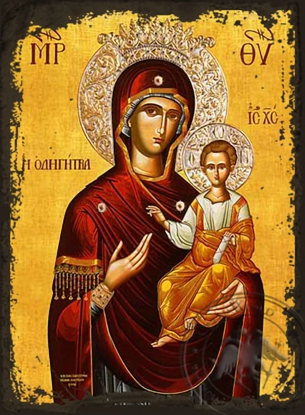 Богородица с Младенцем, Одигитрия, с венцом, византийская икона под старину