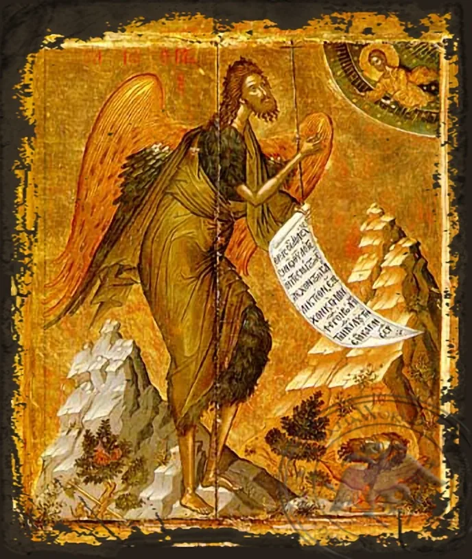Saint John the Forerunner, Bird of Desert - Aged Byzantine Icon
