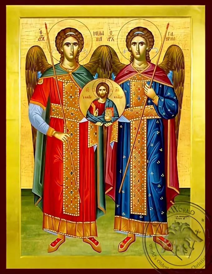 წმინდა მთავარანგელოზთა მიქაელისა და გაბრიელის კრება, სრული ტანით, ბიზანტიური ხატი