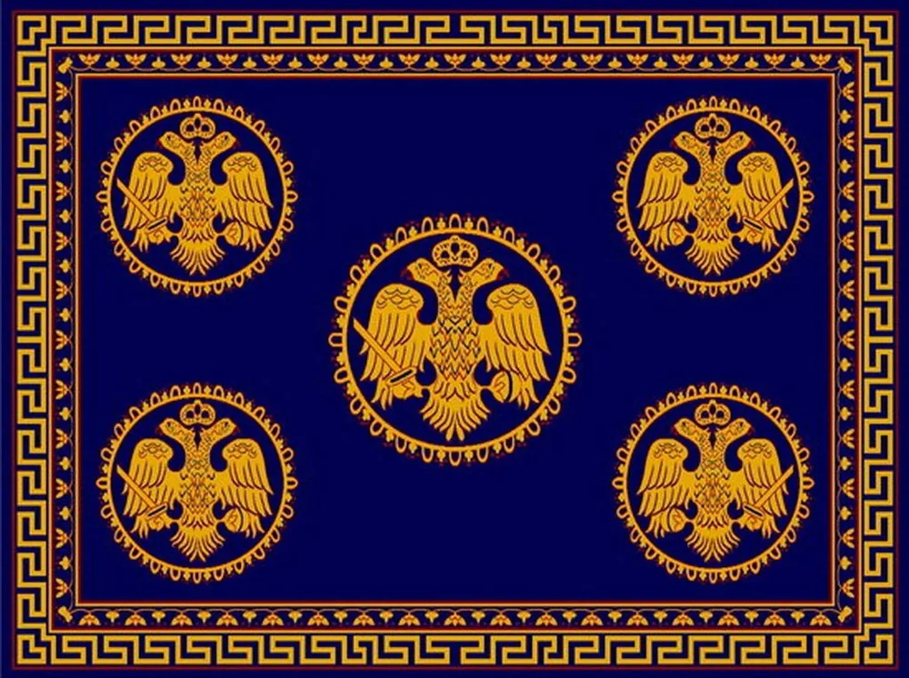 მართკუთხა საეკლესიო ხალიჩა ორთავიანი არწივებით და მეანდრი ლურჯი ფერის