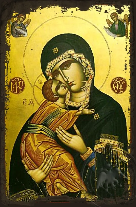 ტკბილად ამბორისმყოფელი ანგელოზებით, ძველებურად გაფორმებული ბიზანტიური ხატი