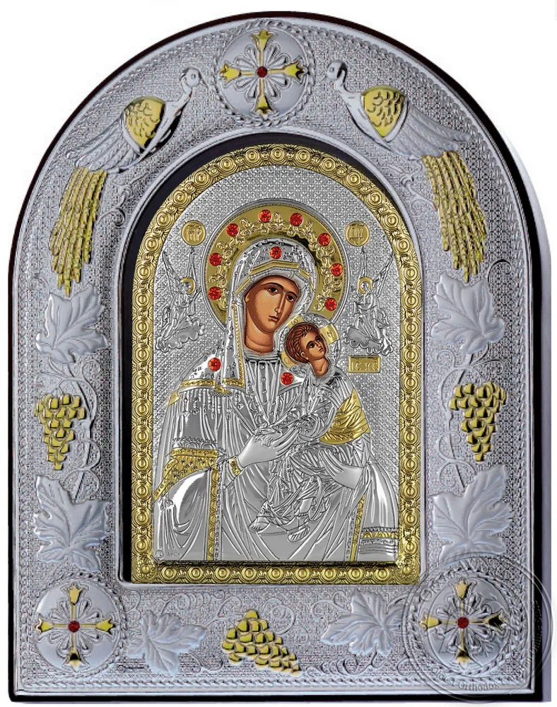 Пресвятая Богородица Пречистая, серебряная икона в стеклянной рамке