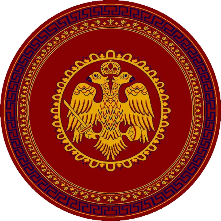 Круглый церковный ковёр с двуглавым орлом и меандр красного цвета