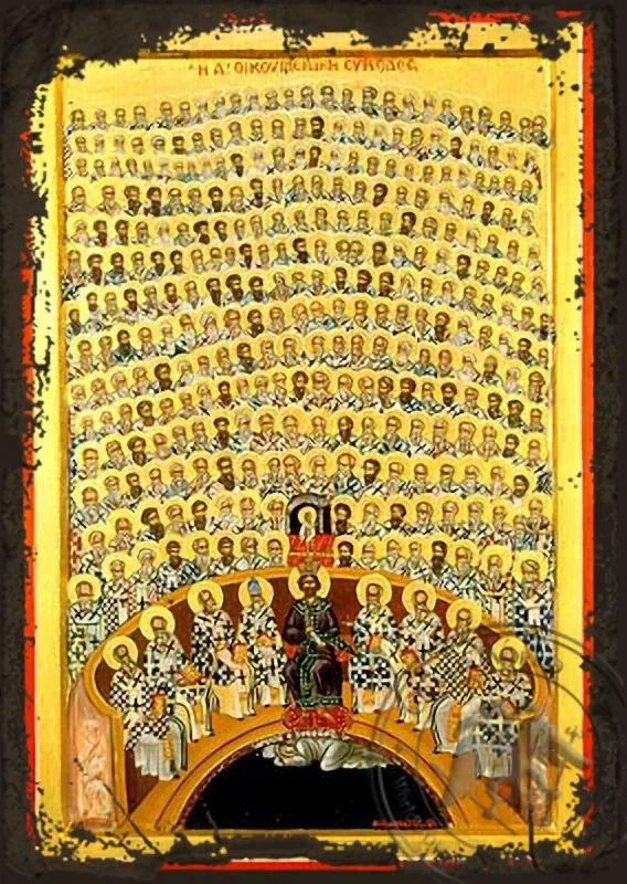 Первый Вселенский собор, в Никее Вифинской, византийская икона под старину