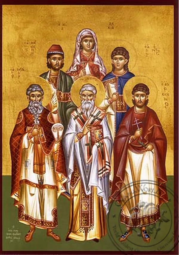 Святые Евстратий, Авксентий, Евгений, Мардарий, Орест, мученики Севастия и святая Лукия, рукописная икона