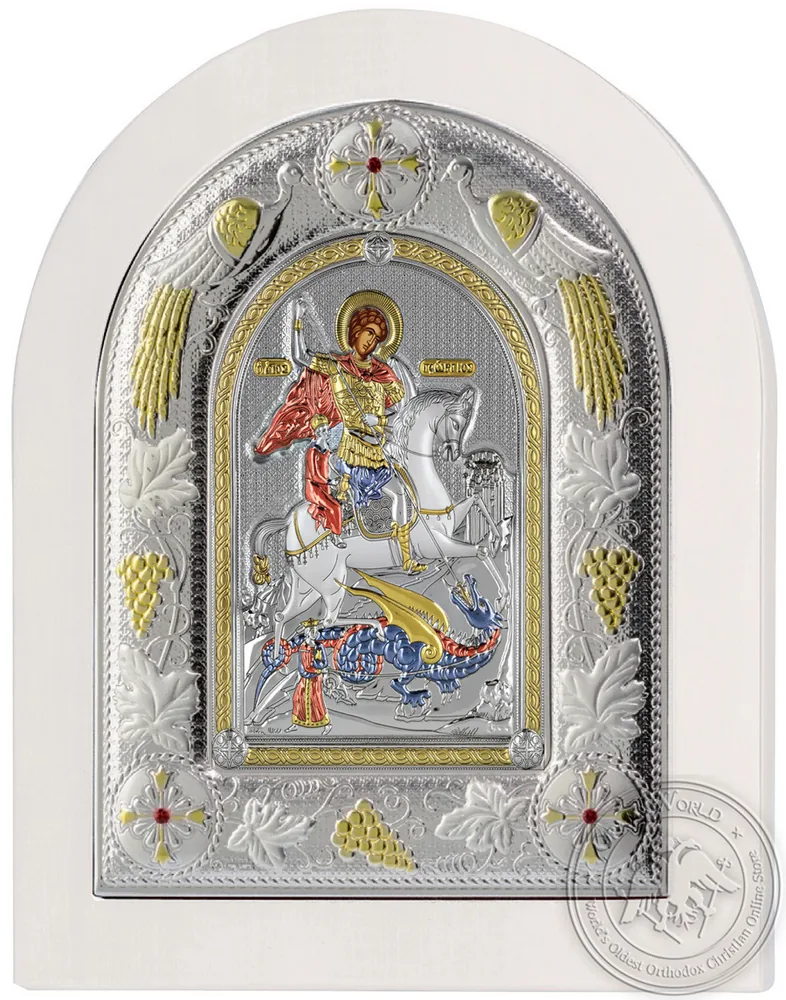 Saint George - Silver Colored Icon in White Wood