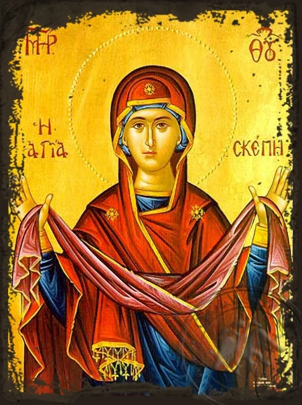 ღვთისმშობელი, წმინდა საფარველი (საფარველი), ძველებურად გაფორმებული ბიზანტიური ხატი