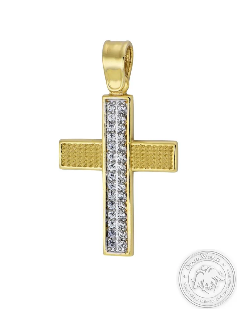 სანათლავი ჯვარი გოგონებისთვის 14 K ყვითელი და თეთრი ოქროს ცირკონით