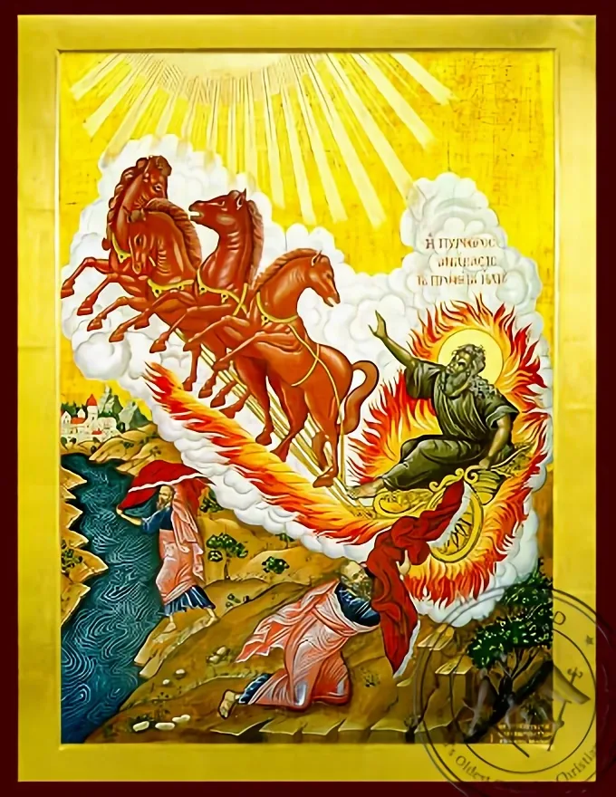 Святой пророк Илия на колеснице и пророк Елисей, византийская икона