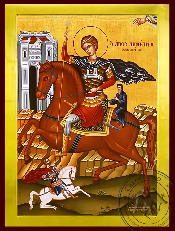 Святой Димитрий Мироточивый, на коне, византийская икона