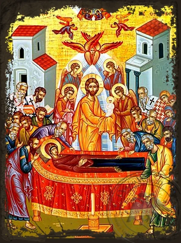 ღვთისმშობლის მიძინება, ძველებურად გაფორმებული ბიზანტიური ხატი