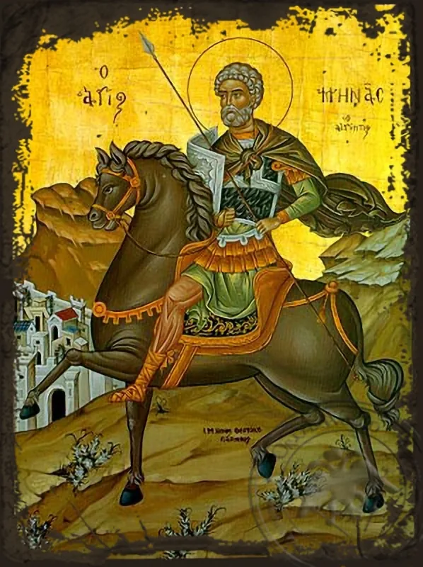 წმინდა დიდმოწამე მინა, ეგვიპტელი, ცხენზე, ძველებურად გაფორმებული ბიზანტიური ხატი
