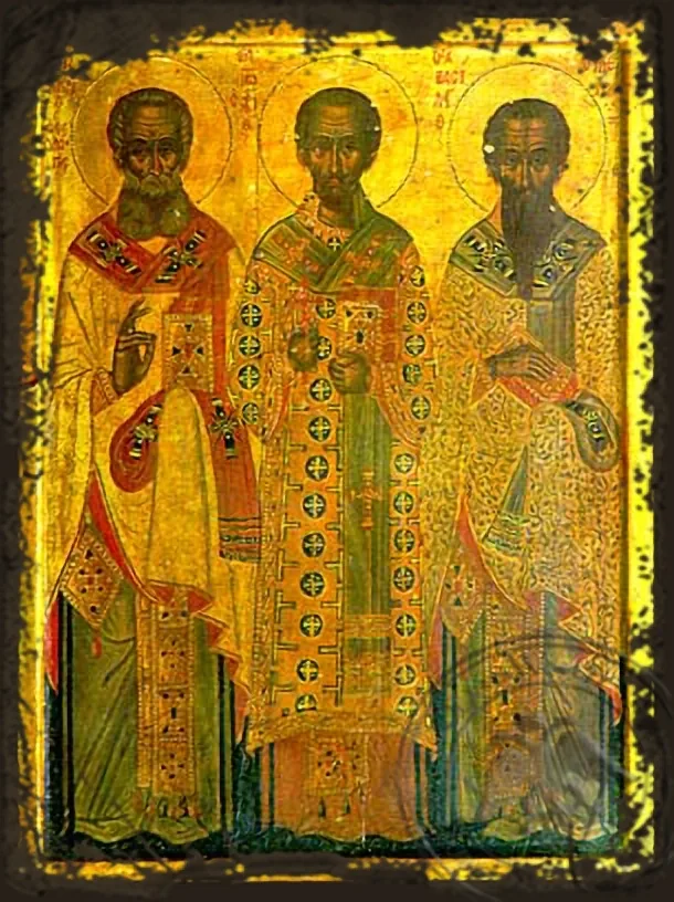 Три святителя, святые Василий Великий, Григорий Богослов, Иоанн Златоуст, в полный рост, византийская икона под старину