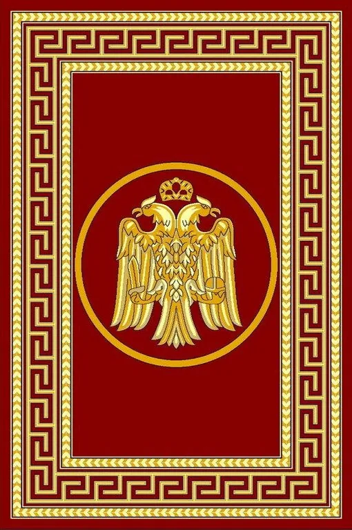 მართკუთხა საეკლესიო ხალიჩა ორთავიანი არწივით და მეანდრი წითელი ფერის