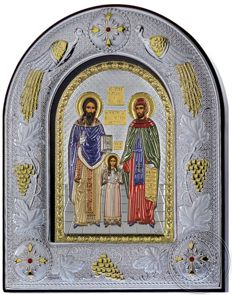 წმინდანები რაფაელი, ნიკოლოზი და ირინე, ვერცხლისფერი ხატი მინის ჩარჩოში