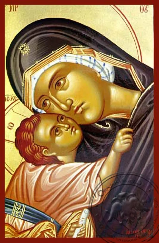 ღვთისმშობელი ყრმით, ტკბილად ამბორისმყოფელი, მკერდამდე, ხელნაწერი ხატი