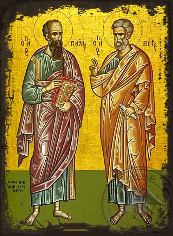 წმინდა მოციქულები პეტრე და პავლე, სრული ტანით, ძველებურად გაფორმებული ბიზანტიური ხატი