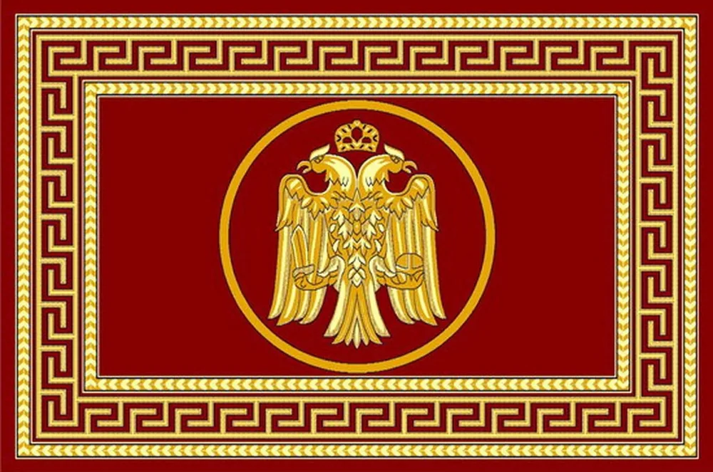 Rectangular Ecclesiastical Carpet with Double-headed Eagle and Meander in Red Color