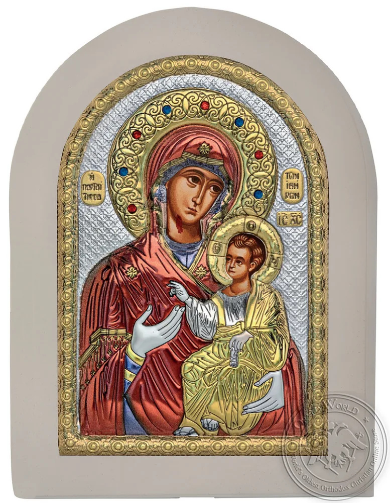 Virgin Mary Portaitissa - Silver Colored Icon in White Wood