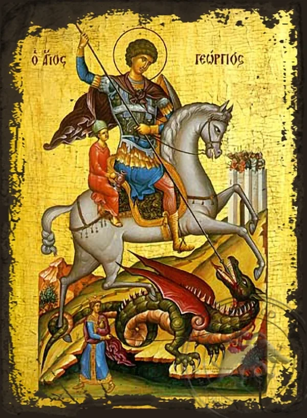 წმინდა დიდმოწამე გიორგი, ცხენზე, ძველებურად გაფორმებული ბიზანტიური ხატი