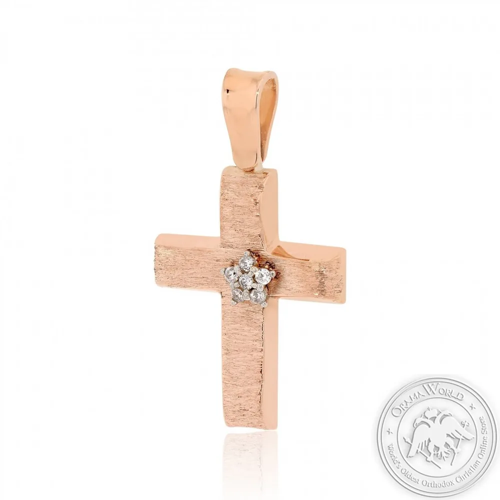 Christening Cross for Girls made of 14K Pink Gold with Cubic Zirconia