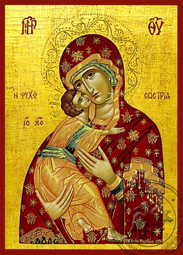 Богородица с Младенцем, Сладкое Лобзание, Спасительница душ, рукописная икона