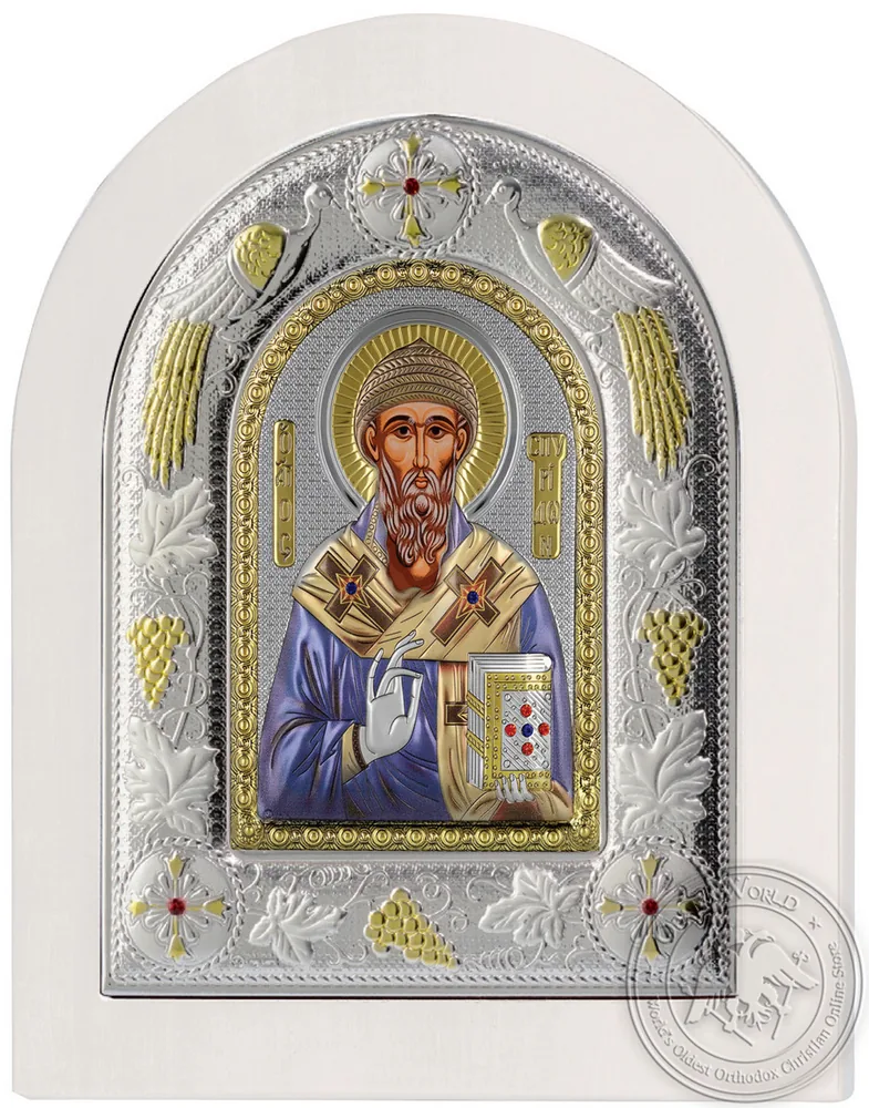 Святой Спиридон, икона под серебро на белом дереве
