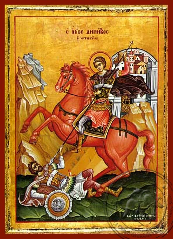 Святой Димитрий Мироточивый, на коне, рукописная икона