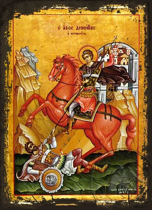 Святой Димитрий Мироточивый, на коне, византийская икона под старину