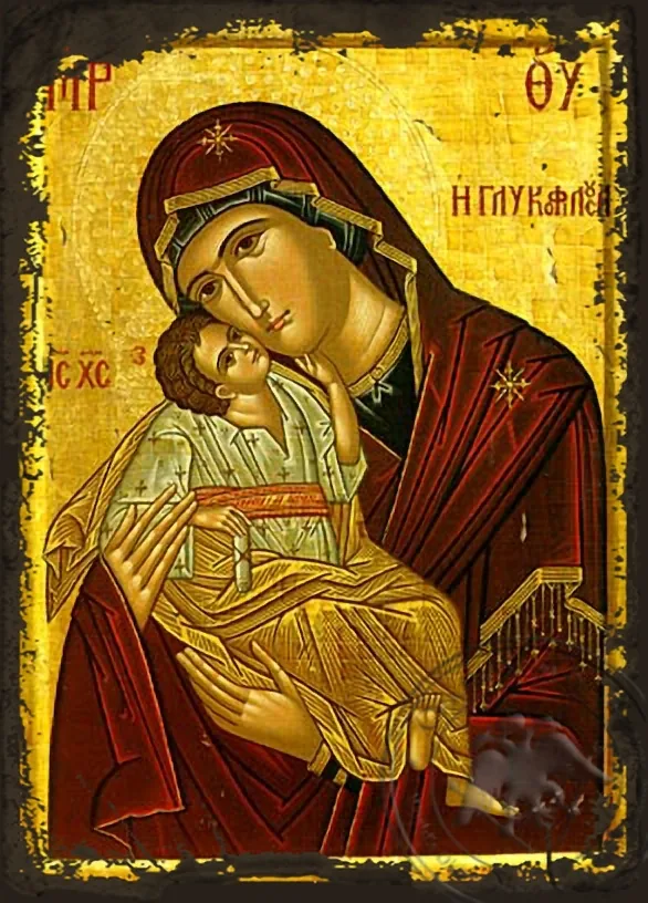 Virgin and Child, Sweet Kissing - Aged Byzantine Icon