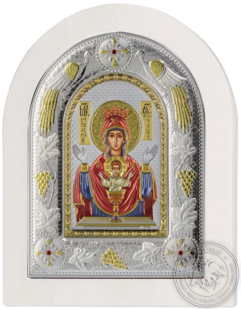 ყოვლადწმინდა ღვთისმშობელი წმინდა ბარძიმით, ვერცხლისფერი ხატი თეთრ ხეზე