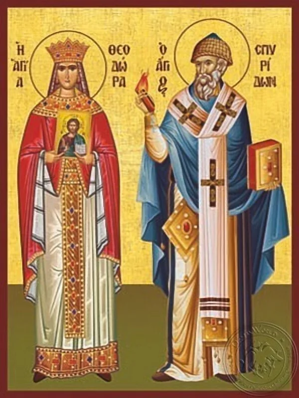 Saints Theodora Empress of Byzantium and Spyridon Bishop of Tremithon of Cyprus Full Body - Hand Painted Icon