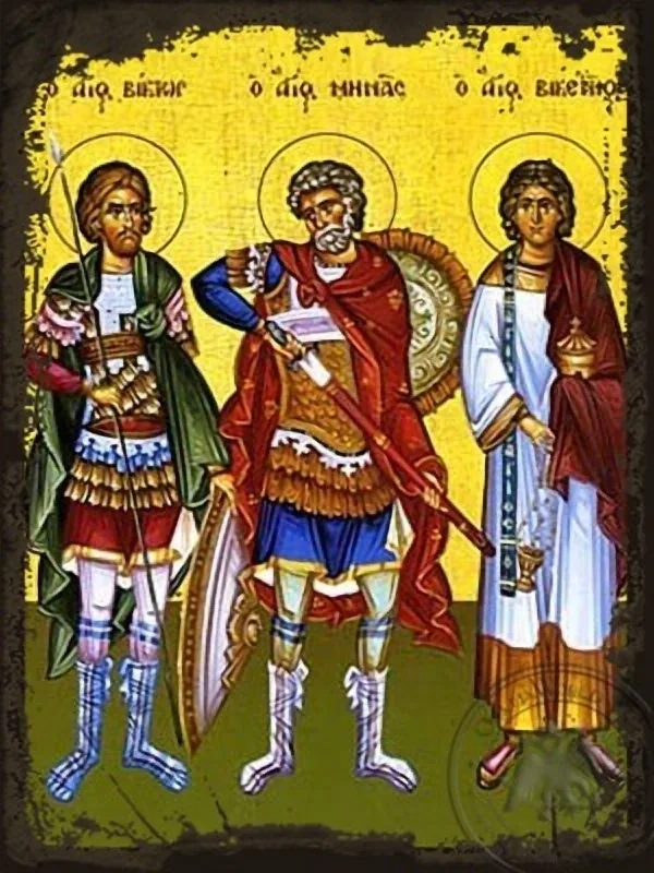 Saints Victor at Damascus Menas of Egypt and Vincent of Spain Full Body - Aged Byzantine Icon