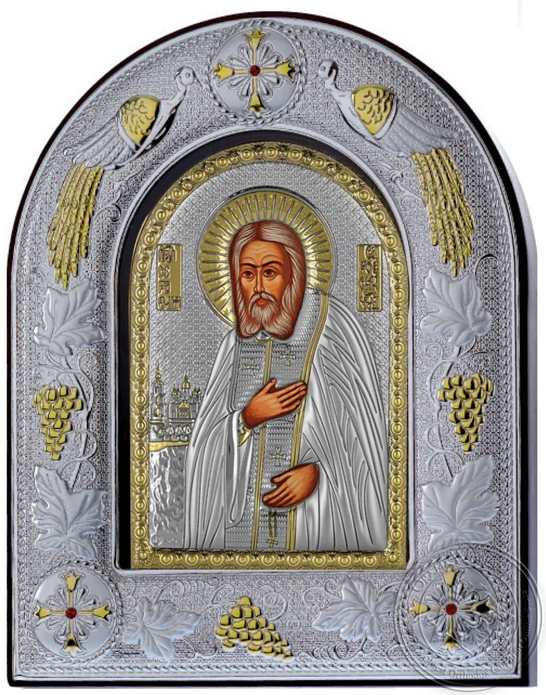 Saint Seraphim of Sarov - Silver Icon in Glass Frame