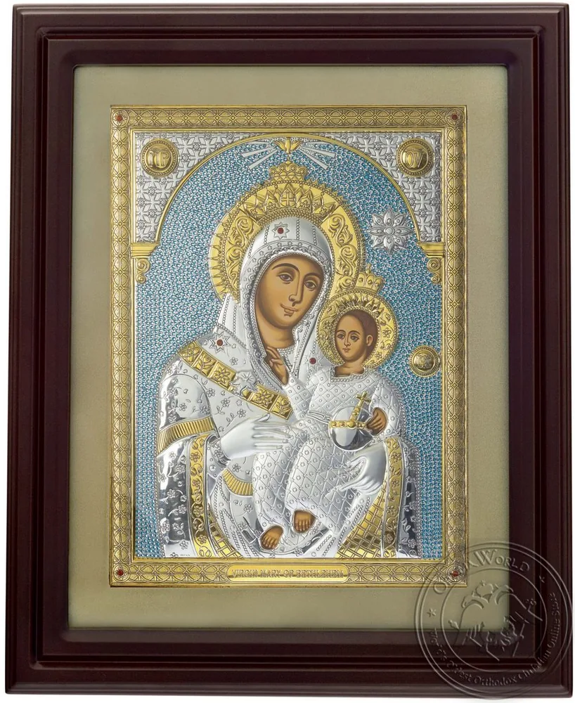 Virgin Mary of Bethlehem - Silver Colored Icon in Glass Frame