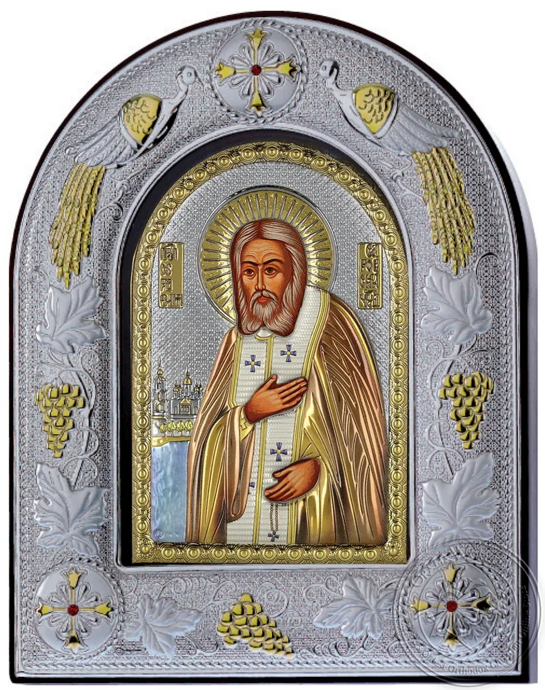 Святой Серафим Саровский, икона под серебро в стеклянной рамке