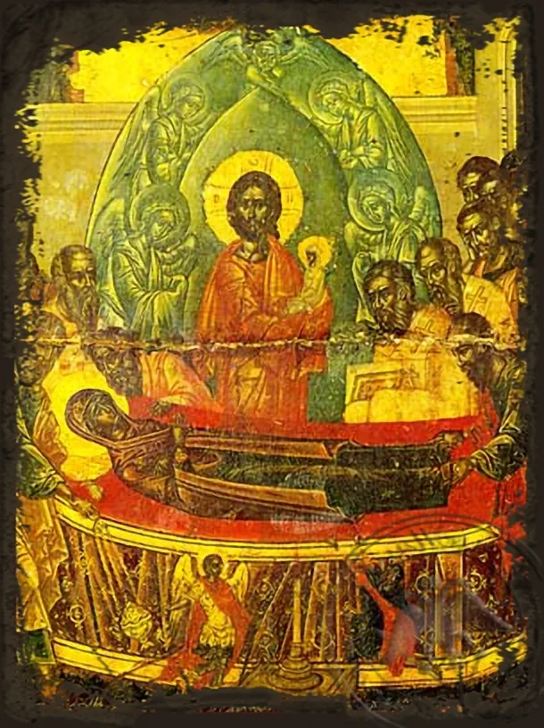 ღვთისმშობლის მიძინება, ფრაგმენტი, ძველებურად გაფორმებული ბიზანტიური ხატი