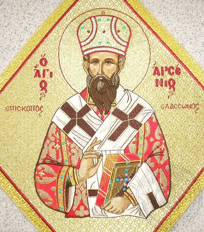Saint Arsenios Bishop of Elassona with Embroidered Background - Hieratical kneepiece