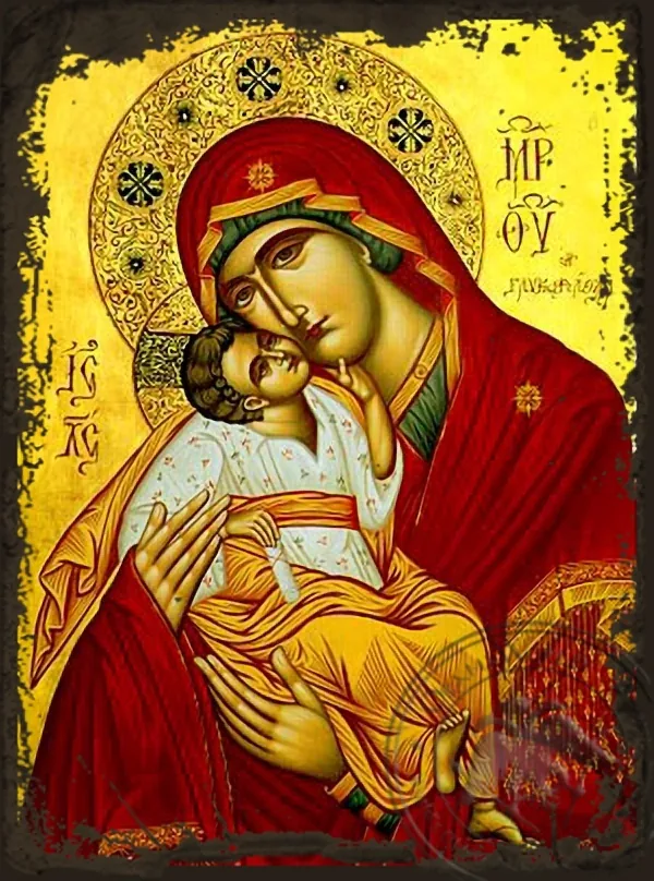 ღვთისმშობელი ყრმით, ტკბილად ამბორისმყოფელი, ძველებურად გაფორმებული ბიზანტიური ხატი