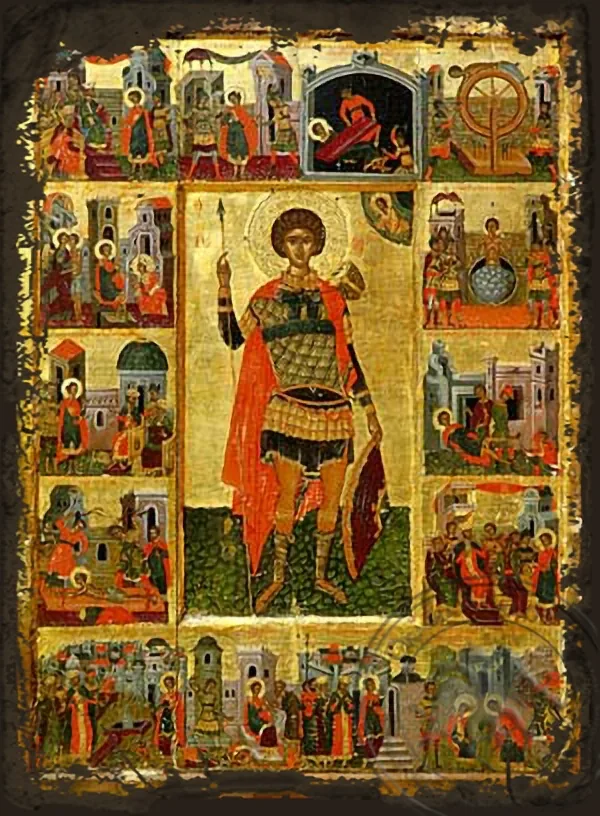 Saint George the Great Martyr, with Scenes from His Life, Full Body - Aged Byzantine Icon