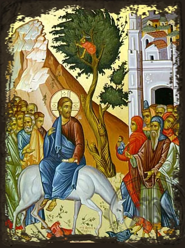 Вход Господень в Иерусалим, византийская икона под старину