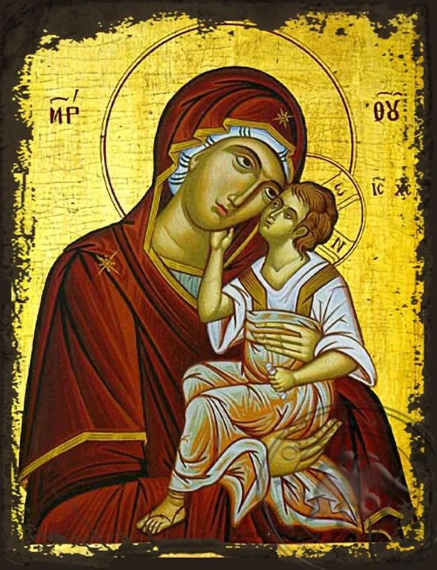 Virgin and Child, Sweet Kissing - Aged Byzantine Icon