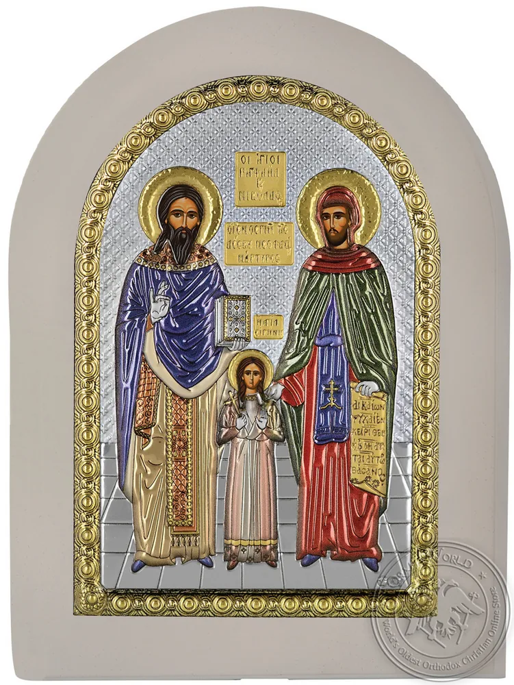 წმინდანები რაფაელი, ნიკოლოზი და ირინე, ვერცხლისფერი ხატი თეთრ ხეზე
