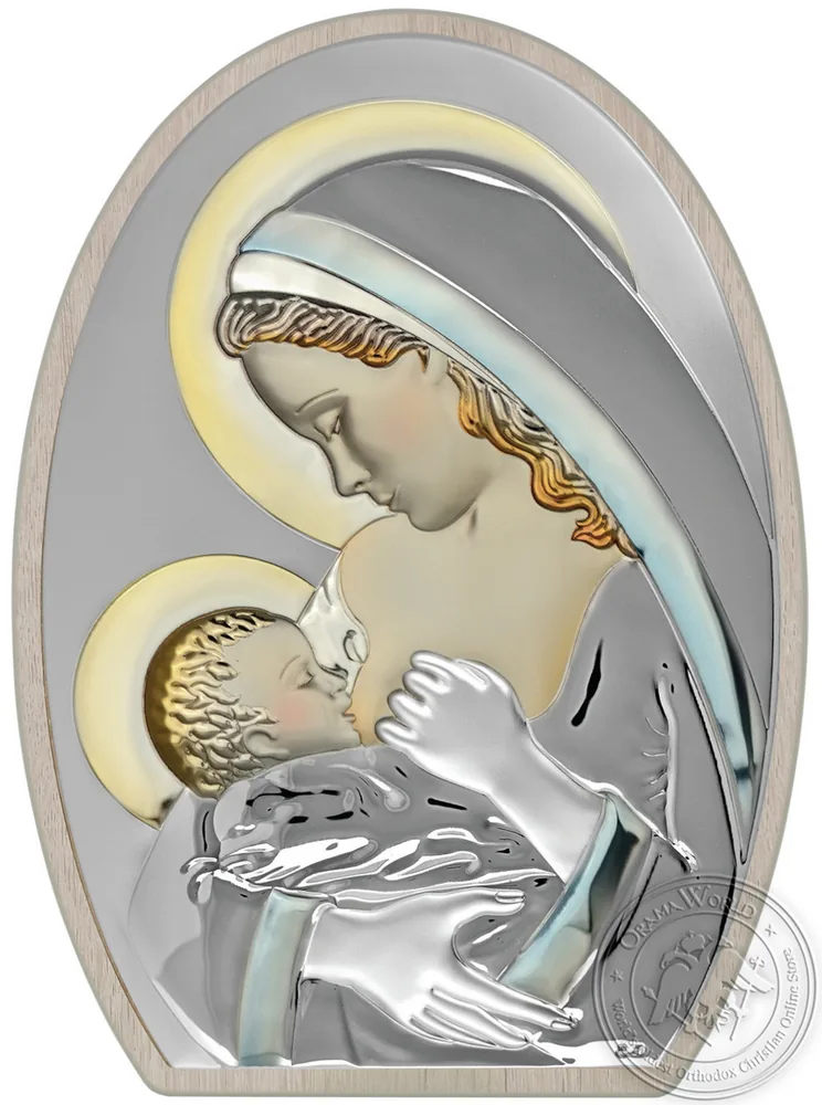 Virgin Mary Galaktotrofousa - Silver Colored Icon in White Wood
