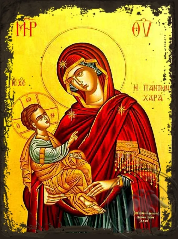 ღვთისმშობელი ყრმით, ყოველთა სიხარული, ძველებურად გაფორმებული ბიზანტიური ხატი