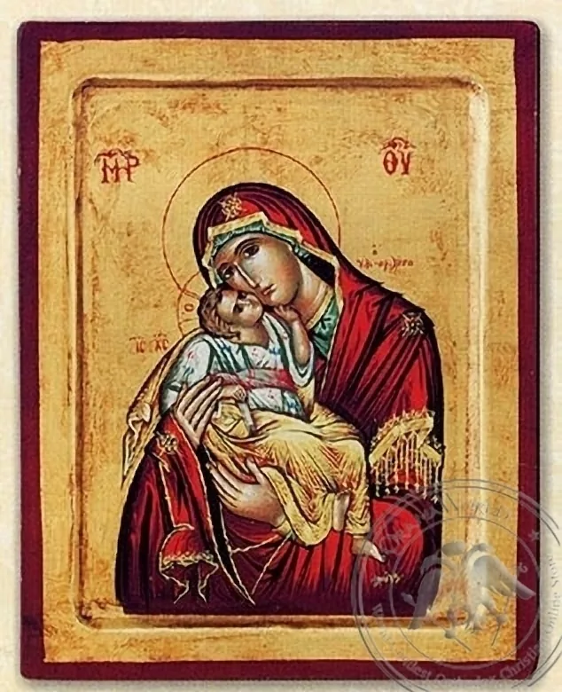 ღვთისმშობელი ტკბილად ამბორისმყოფელი (წითელი), რელიეფური, აბრეშუმზე ნაბეჭდი ხატი